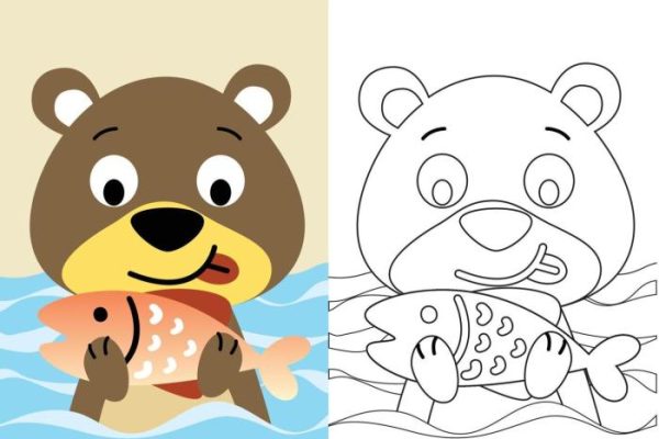 Animated bear holding fish coloring page