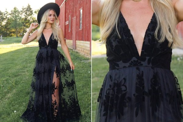 Long black wedding guest dress